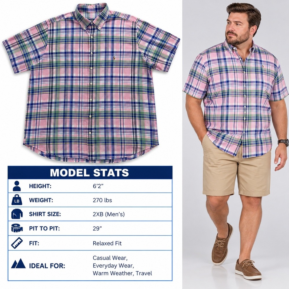 Ralph Lauren Mens 2XB Plaid Short Sleeve Button Down Shirt Pink Blue Cotton